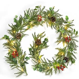 Brightown Pre-lit Christmas Garland with Lights, 6 Feet 20 LED Battery Operated Christmas Lights with Pine Cones, Berry, Eucalyptus Leaves, Indoor Christmas Decorations for Stairs, Fireplace, Door (1 Pack)
