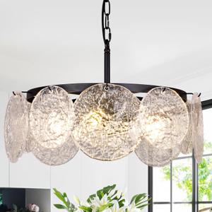 Wellmet Black Glass Chandelier for Dining Room, 4 Lights Modern Farmhouse Water Ripple Glass Light Fixture, Elegant Round Lighting for Kitchen,Living Room,Over Table,Bedroom,Entryway,Hallway, W-20in