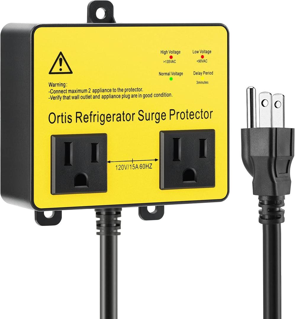 Refrigerator Surge Protector, Ortis Double Outlet Voltage Protector for Home Appliances with Time Delay, Protects Against Brownout, Spike, Instant Surge All Voltage Abnormalities, Yellow (1.5FT)