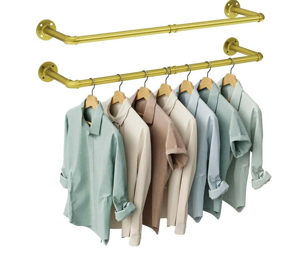 Industrial Pipe Clothes Rack Wall Mounted Set of 2, 38.4 inches Heavy Duty Iron Pipe Clothing Garment Rail, Multi-Purpose Clothing Hanging Rod for Laundry Room and Closet Storage, Gold