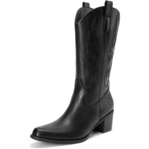 DREAM PAIRS Women's Square Toe Cowboy Mid Calf Western Boots, Size: 9.5