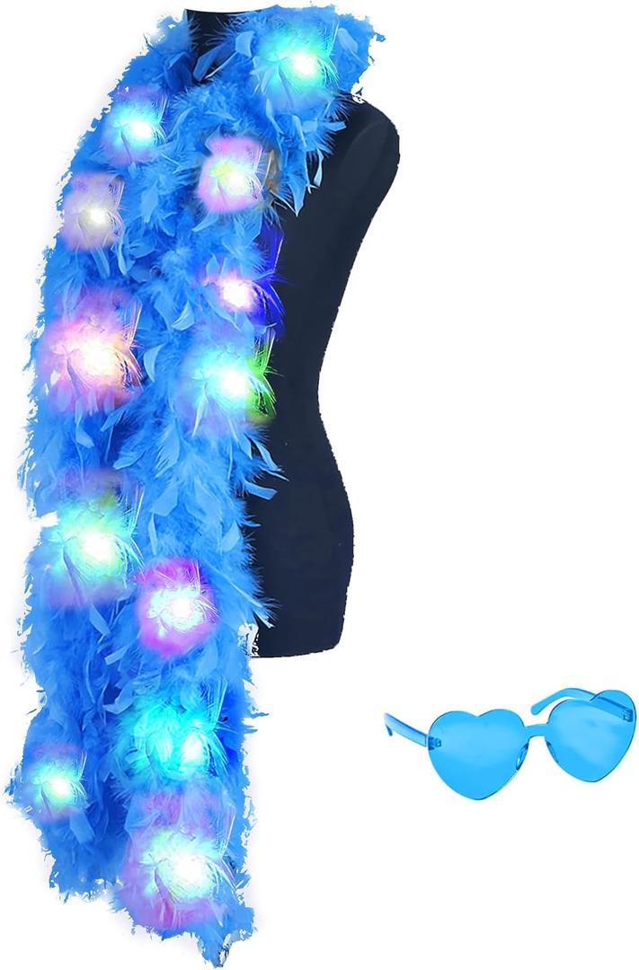 Colorful Feather Boas, 6.6ft Boa with 20 Color Lights for Women for Dancing Party Halloween,with Heart Sunglasses (Blue)