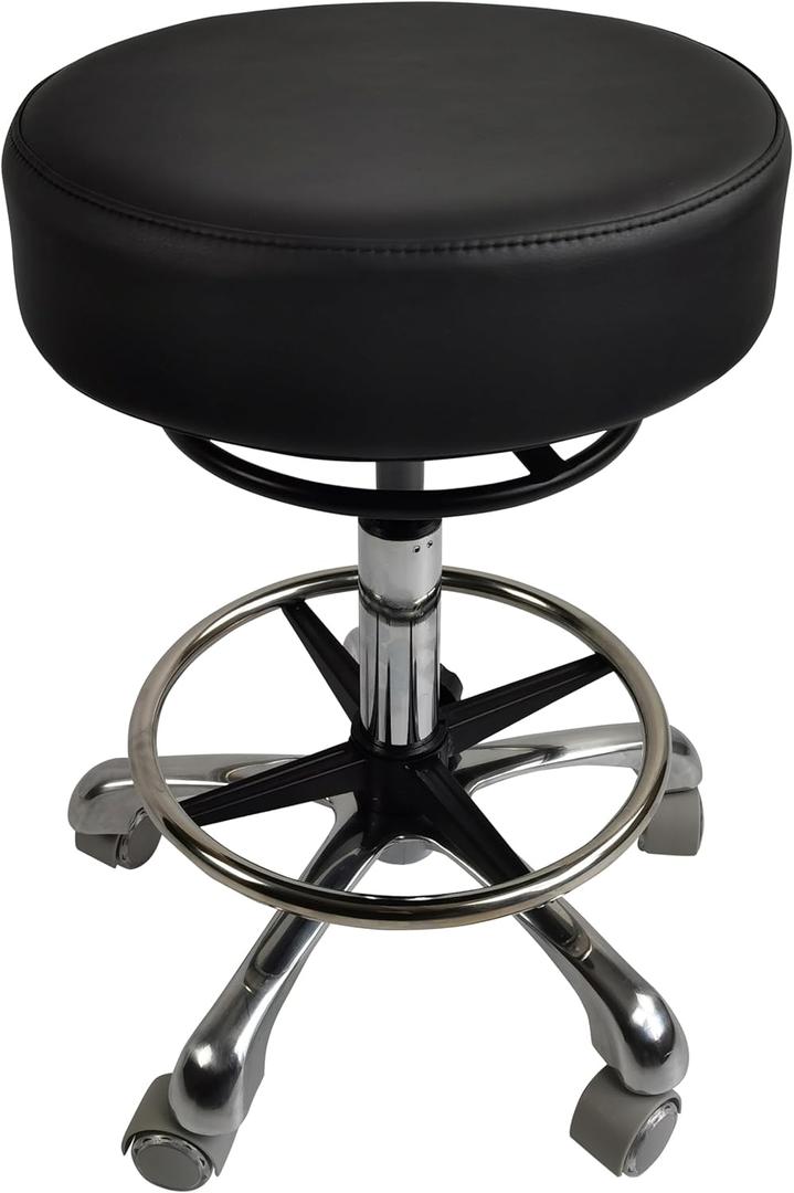 Heavy Duty Rolling Stool Adjustable Height with Wheels 500lb CapacitySwivel Tall Stool with Big Thick seat,for lab Doctor Massage Medical Ergornomic Aluminium Base (Black) (Backless with footring)