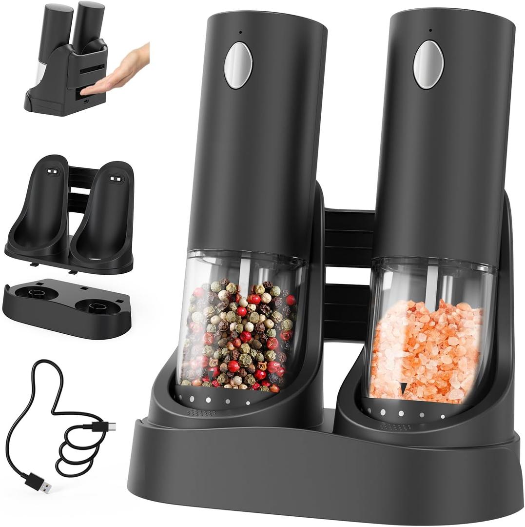 CIRCLE JOY Electric Salt and Pepper Grinder Set Automatic Salt and Pepper Grinder Set with Easy-to-Carry Charging Base and LED Light, USB Rechargeable, Upgrade External Adjustable Coarseness