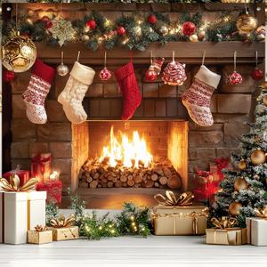 Christmas Fireplace Backdrop Banner 8x6ft Hanging Stockings Holiday Party Banner Red White Christmas Decoration Background for Winter Home Indoor Outdoor Scene