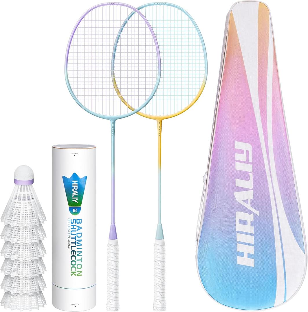 HIRALIY Badminton Rackets Set for Backyards, Badminton Set, Includ 2/4 Rackets, 6/12 Birdies, 1 Carrying Bag, Outdoor Game for Adult Family Beginner