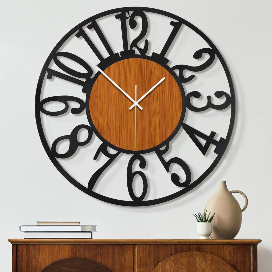 Maxstar Large Round Wall Clock for Living Room Decor Battery Operated Non Ticking Black Metal Wood Clocks for Home Living Room Garden Office Kitchen Decoration -24 inch (Brown-arabic Numerals)