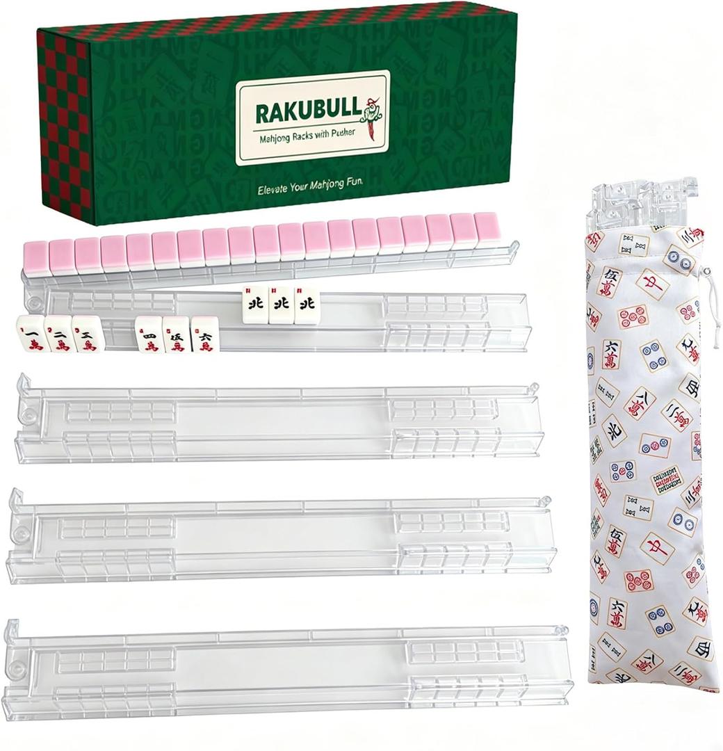 17.5'' Non-Slip Mahjong Racks with Pushers and Bag | Set of 4 All-in-One Tile Rack and Pusher,Clear Acrylic Mahjong Tile Holder for American Mahjongg Accessories (Clear)
