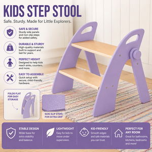 Reeple Wooden 2 Step Stool for Toddlers, Foldable 2Step with NonSlip Pads and Handles, Bamboo Step Stool for Kids Bathroom Sink and Potty Training, Kitchen Helper, Nursery Bedroom (Purple)