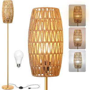 Ruiever Floor Lamp for Living Room,Farmhouse Floor lamp,Modern Standing lamp with Hand-Worked Rattan Shade (Drum Rattan Shade Body Gold Color-3 Color Bulb)