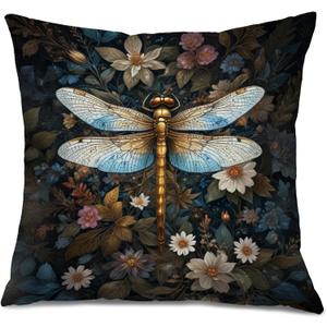 Vintage Moody Floral Dragonfly Pillow Covers 18x18, Dark Cottagecore Room Decor, William Morris Flower Botanical Dragonfly Decorative Pillow Covers for Home Bedroom Living Room