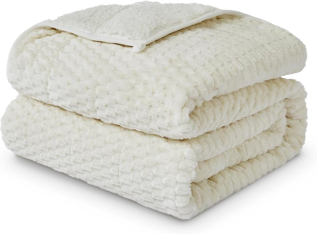 Weighted Blanket Queen Size for Adults,15lbs Jacquard Sherpa Heavy Blanket for Calming and Relax, Dual Sided Ultra Soft Fuzzy Throw Blanket with Glass Beads, 48" x 72", Cream White