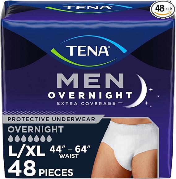 TENA Men Overnight Incontinence Underwear Extra Coverage L/XL 44-64in 48ct
Designed to feel like regular underwear with a close fit and dependable overnight protection from leaks, odor and wetness