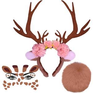 Christmas Reindeer Antlers Headband, Fluffy Tail, Face Stickers Cosplay Animal Dress Up