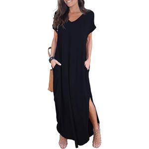 GRECERELLE Women's Summer Maxi Dress Casual Loose V Neck Short Sleeve Side Split Long Dresses with Functional Pockets (Black)