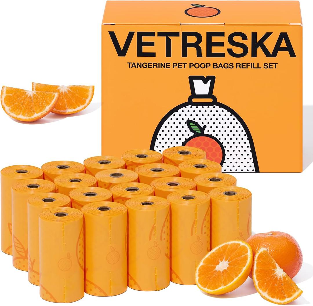 VETRESKA Citrus Scented Dog Poop Bags, Leak Proof, Extra Thick and Large Pet Waste Bags for Dogs Walking, Cat Litter and Babies' Diaper, 300 Count Bags (20 Refill Rolls), Orange