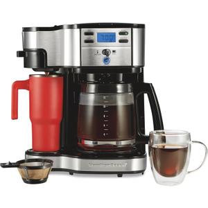 Hamilton Beach 2-Way Programmable Coffee Maker, 12 Cup Glass Carafe And Single Serve Coffee Maker, Black with Stainless Steel Accents, 49980RG