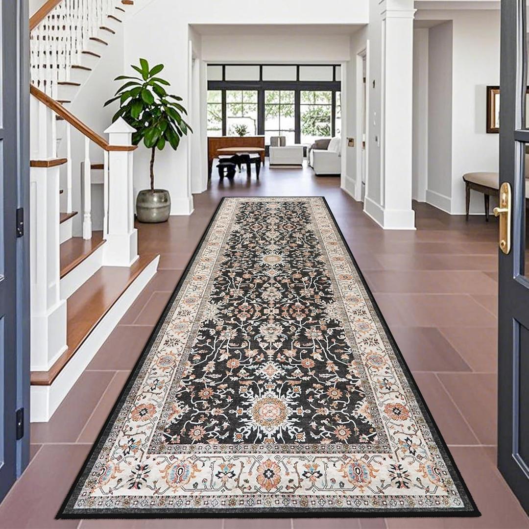 4x12 ft Wide Hallway Rug: Non-Slip Washable Vintage Long Carpet Runner for Kitchen Entryway Water Resistant Low-Pile Thin Floor Mat for Bedroom Living Room Dining Room Black Home Decor (Black, 4X12)
