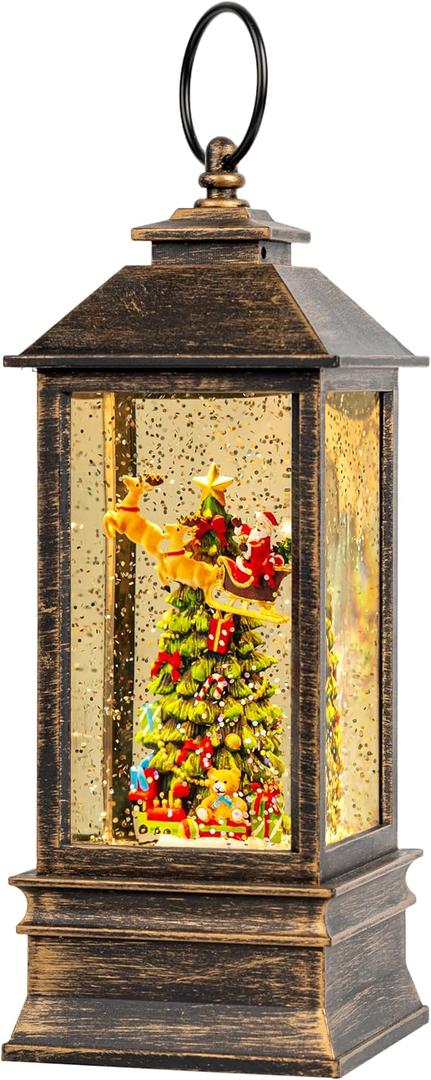 10'' Musical Snow Globe Lantern Lighted Christmas Tree and Flying Santa Water Lantern Swirling Glittering Home Decoration and Gift, Battery Operated or USB Powered