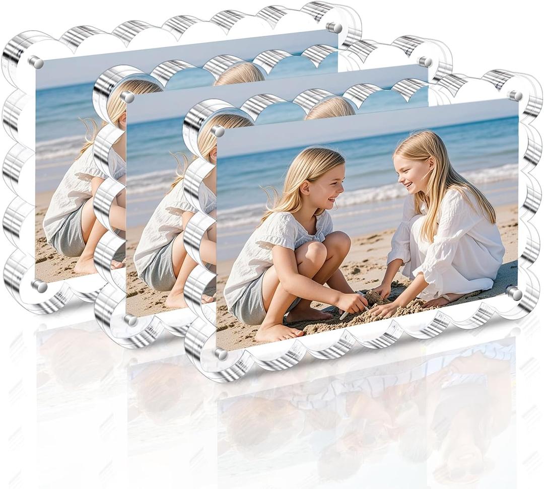 Egofine 4x6 Acrylic Picture Frames 3 Pack, 20mm Thick Magnetic Picture Frames, Double Sided Magnet Frames, Clear Photo Scalloped Frames, Free Standing Desktop Display