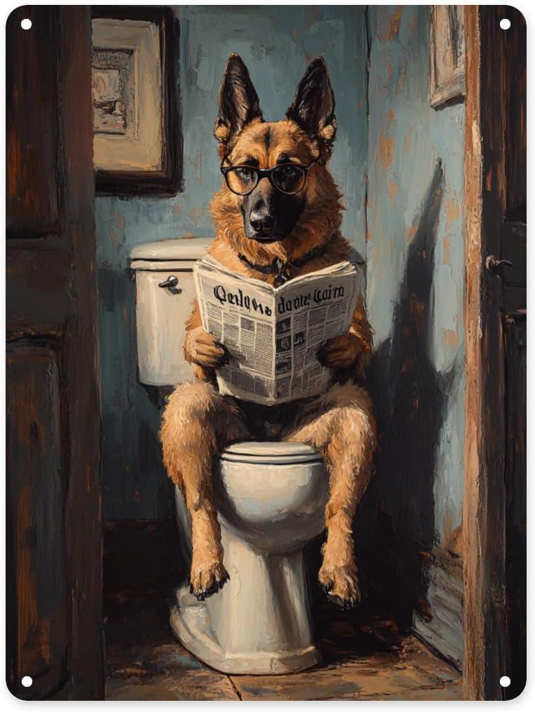 BEAROWL dog Metal tin signGerman Shepherd Reading Newspaper on ToiletVintage Bathroom SceneHumorous Pet Art TinplateWall Decor Aluminum Plaques for Bathroom, Living Room 12x16 inches