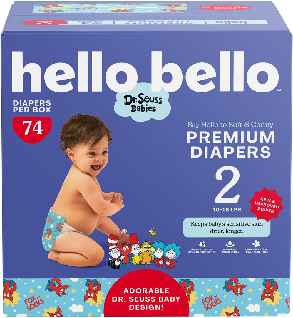 Hello Bello Dr. Seuss Babies Premium Diapers, Size 2, 74 Count: Softness & Protection for Sensitive Skin