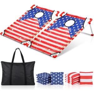 Portable Framed Cornhole Game for Adults 3 x 2 ft Waterproof Throwing Toss Game Set 2 Collapsible Cornhole Boards 8 Bean Bags 1 Carrying Case American USA Flag for Outdoor Indoor Yard Party