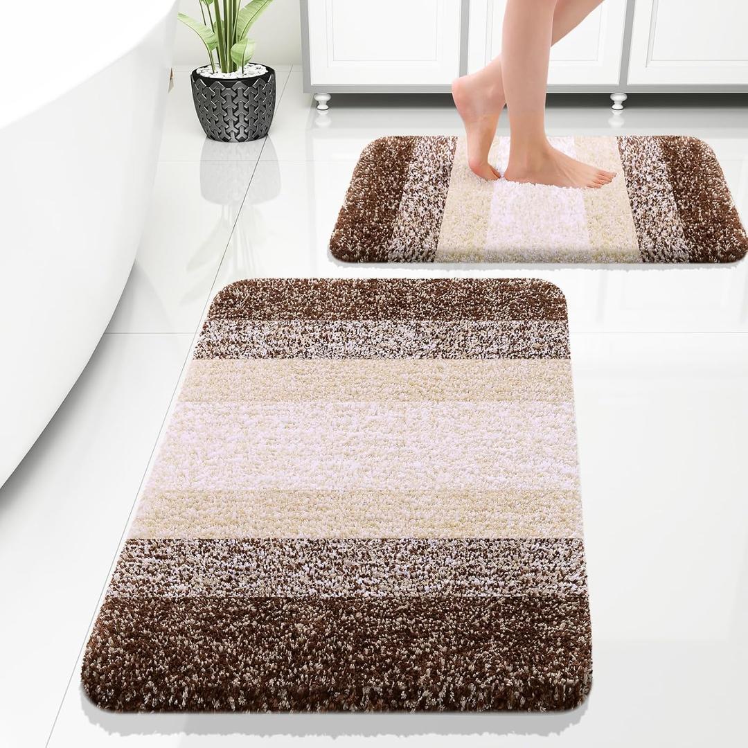 OLANLY Bathroom Rug Set 2 Piece, Soft Absorbent Microfiber Bath Rug Set, Non-Slip, Machine Wash Dry, Plush Shaggy Bath Mats for Bathroom (30"x20"+24"x16", Brown)