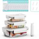 Vacuum Seal Glass Food Storage Containers, 3pcs Containers with 10pcs Sous Vide Bags/ 1pc Manual Pump, Meal Prep Container with Airtight Locking Lids for Lunch, Long-Lasting Freshness