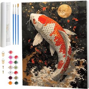 Amphol Paint by Numbers Kit for Adults, DIY Luckily Koi Fish Paint by Numbers Canvas with Brushes, Acrylic Paint, Watercolor Painting by Number Kit for Gift Home Decor - 16x20
