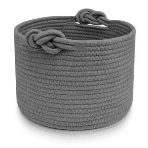 ABenkle Small Woven Basket, Cotton Rope Shelf Storage Basket, Small Round Basket, Cute Basket, Decorative Round Bin for Nursery Bedroom Bathroom, 9.4" x 9.4"x 7.1" Empty Gift Basket- Grey
