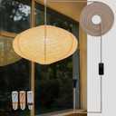 Plug in Linen Pendant Light with 16.4FT Woven Rope Cord E26 LED Bulb, Oblate 20 Inch Paper Lantern Plug in Alternative, Atmosphere Lighting for Living rRoms, Bedrooms and Dining Tables, Medium