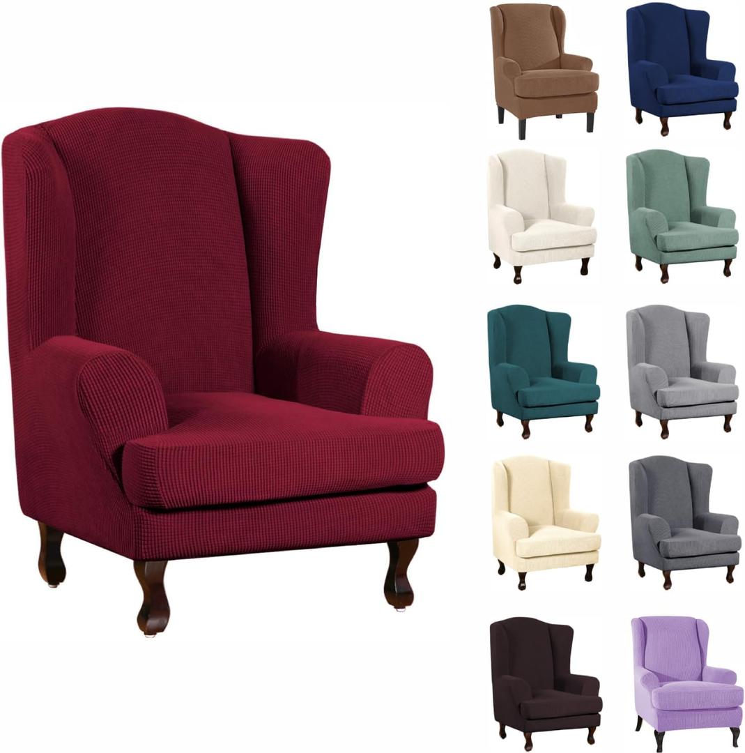 INFLAG Wing Back Chair Slipcovers, Stretch Spandex Wingback Chair Covers Sofa Slipcover Washable Chair Covers Armchair for Living Room and Bedroom (Burgundy)