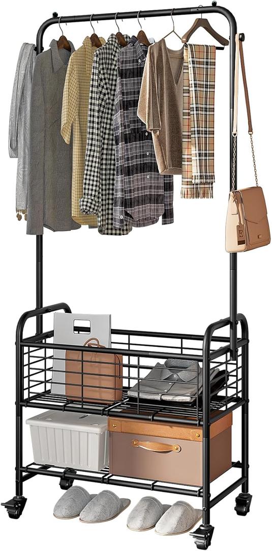 SUOERNUO Laundry Cart with Hanging Rack Rolling Laundry Hamper Sorter with Wheels Shelf, Black