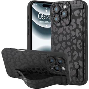 OOK Compatible with iPhone 16 Pro Leopard Case with Wrist Strap, Black Leopard Cheetah TPU Shockproof Protection Slim Cover with Camera Protection for Women Girls, for 6.3inch