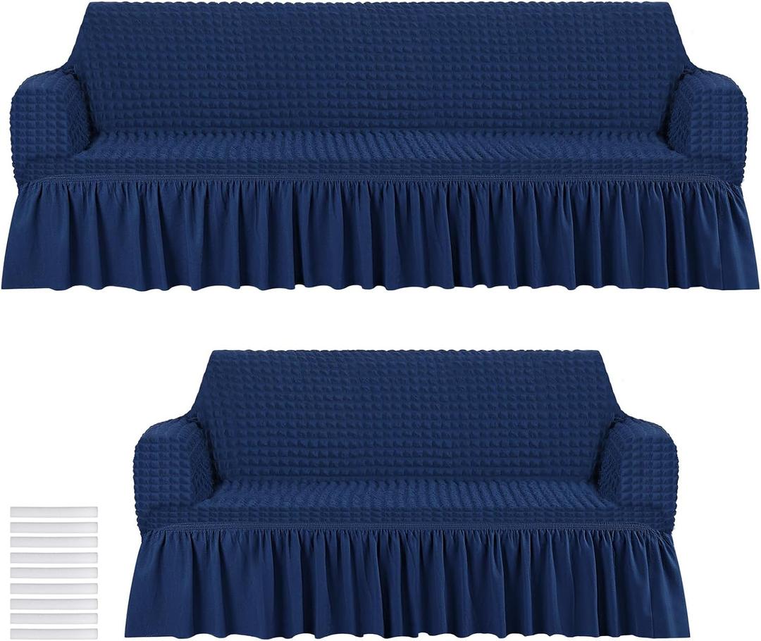 Fanfanwin 2 Pcs Sofa Slipcover Set for Couch Cushion Couch Cover with Skirt Durable Washable High Elastic Stretchable Furniture Covers for Sofa Loveseat Arm Chair(Navy Blue)