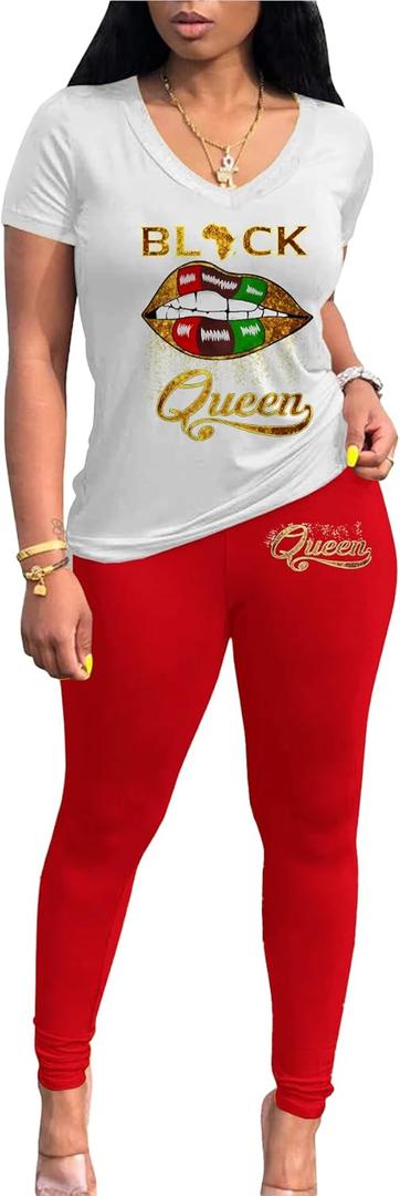 Lounge Sets for Women 2 Piece Summer Casual Jogger Workout Outfits Short Tops Long Pant Sweat suit leggings set (XX-Large, Red Lip Print)