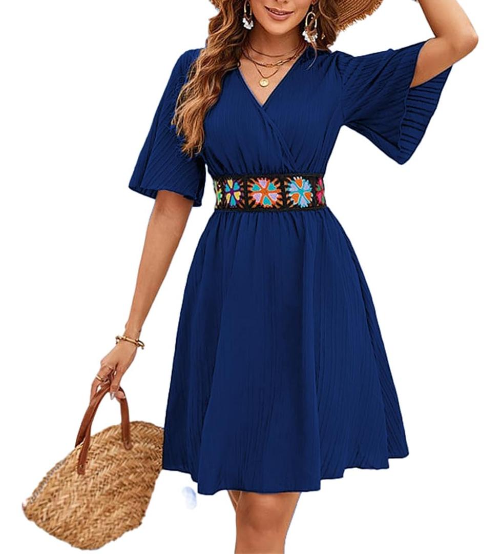 LightlyKiss Women's Blue V-Neck Short Bell Sleeve A-Line Cocktail Dress with Embroidered Belt Summer Beach Party Wedding Guest Evening Dress (Blue, XL)