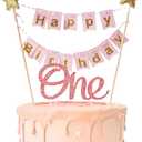 1st Birthday Cake Toppers Pre-strung Happy Birthday Banner Number One Topper First Girl Baby Shower Dessert Decoration Kit, Pink