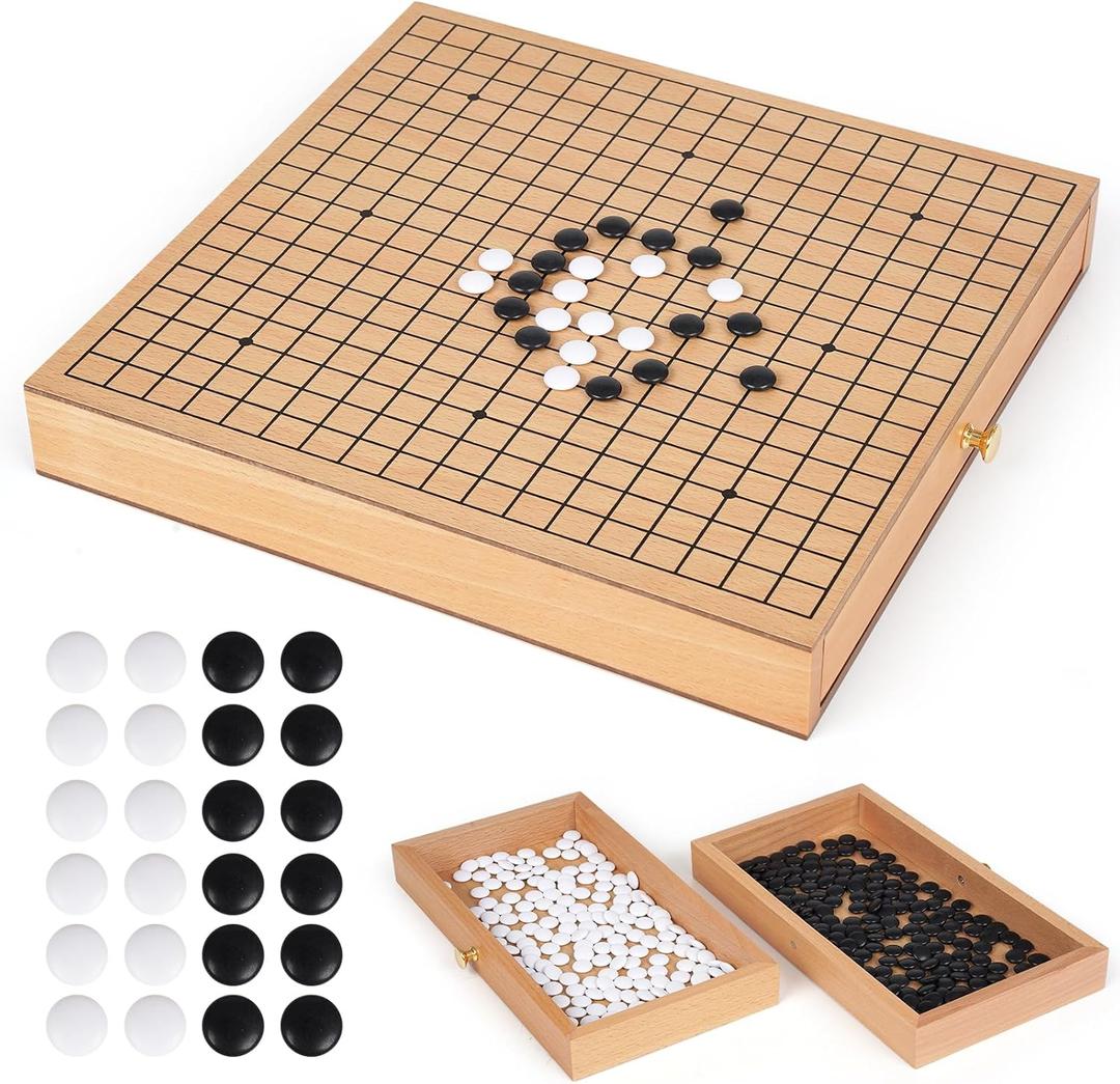 12-Inch Traditional Wooden Go Game Set with Pull-Out Storage Drawers Classic Weiqi Board Game with Black and White Stones Premium Wood Go Board for Beginners, Adults, and Professional Players