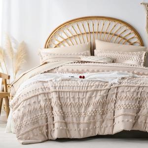 7 Pieces Queen Comforter Set, Khaki Tufted Boho Shabby Chic Bed in a Bag Comforter and Sheet Set, All Season Soft Microfiber Complete Bedding Set (Khaki, Queen)