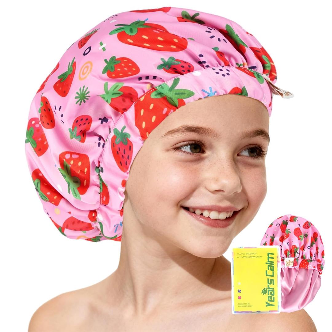 Years calm Satin Lined Shower Cap for Kids, Waterproof Kids Shower Cap with Soft Hair Protection & Wide Elastic Band, Reusable Shower Hat for Kids Ages 310 (Red, One Size)