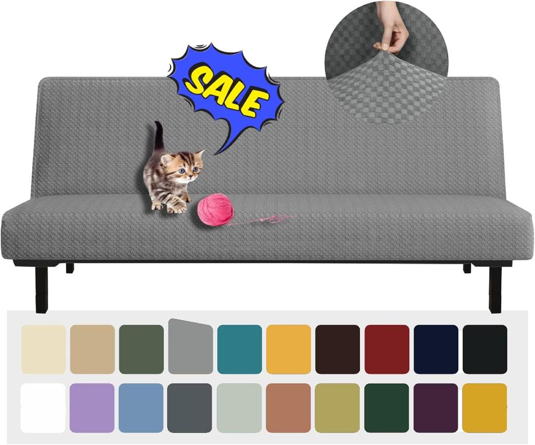 YEMYHOM Futon Cover Latest Jacquard Design High Stretch Armless Sofa Bed Slipcover Anti-Slip Furniture Protector with Elastic Bottom (Futon, Light Gray)