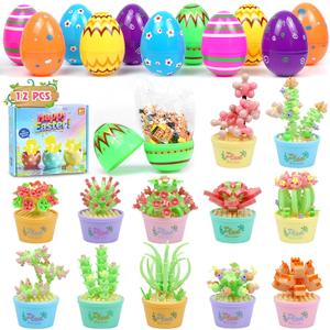 Easter Basket Stuffers Essentials, 12 Pcs Mini Animal Building Blocks with Easter Eggs, Building Blocks for Teens Kids Girls Boys Egg Hunt Prizes, Party Favors and Classroom Gifts (Easter - Flower B)