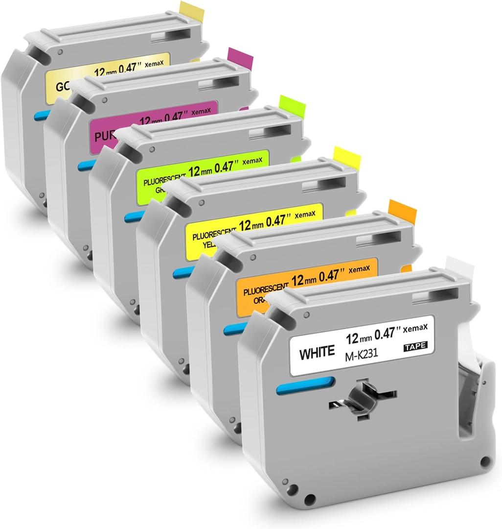 6X Fluorescent Color M-K231 Tape Compatible for Brother P Touch M Label Tape 12mm 0.47" M-k231s MK231 for PT-M95 PT-90 PT-70 PT-65 PT-85 Label Maker Refills (Black on Clear/Fluorescent Orange/Purple/Fluorescent Yellow/Fluorescent Green/Gold)