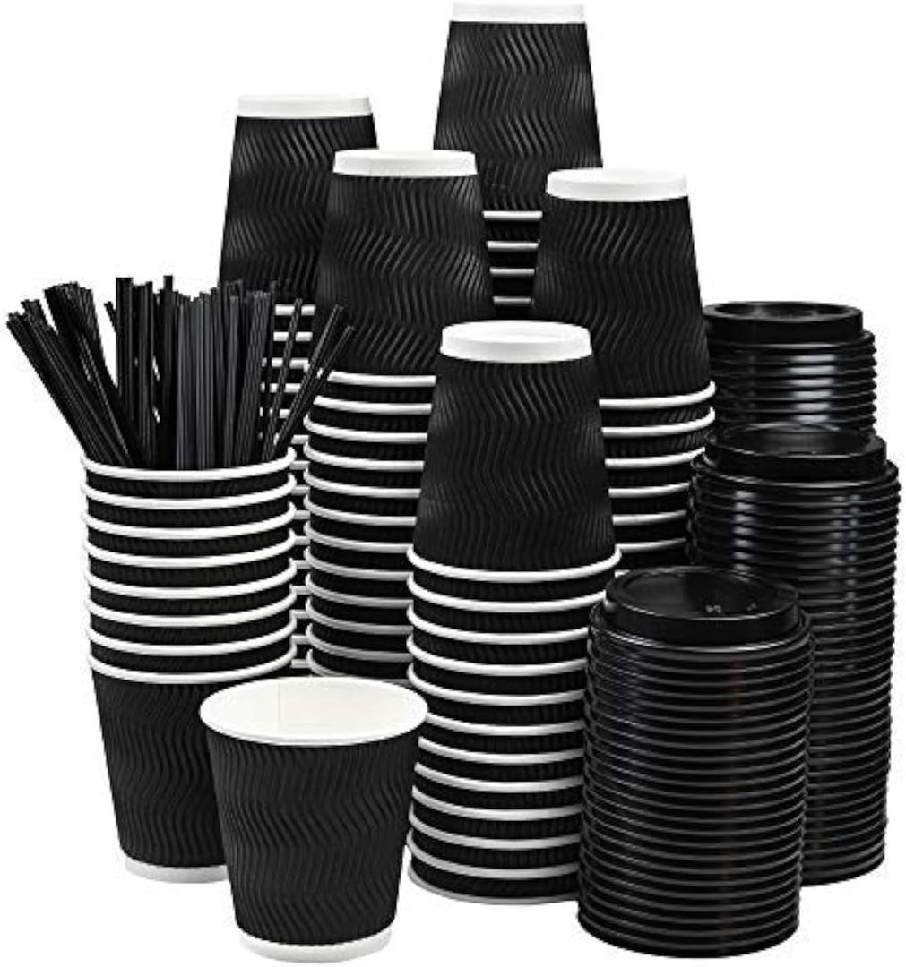 NYHI Pack of 100 10 oz Black Paper Cups with Black Lids Straws Coffee Cups Disposable BPA Free Insulated Ripple Kraft Paper Cups To go Cups for Hot or Cold Drinks Office Home Canteen Party Travel
