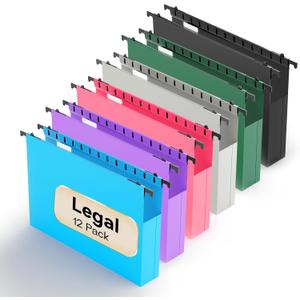 Plastic Extra Capacity Legal Size Hanging File Folders,12 Pack Reinforced Legal Hanging Folders Expandable,Heavy Duty 2 Inch Expansion with Tabs,Filing Cabinet Folders for Bulky Files-Colorful (2" Expansion-assorted Colors)
