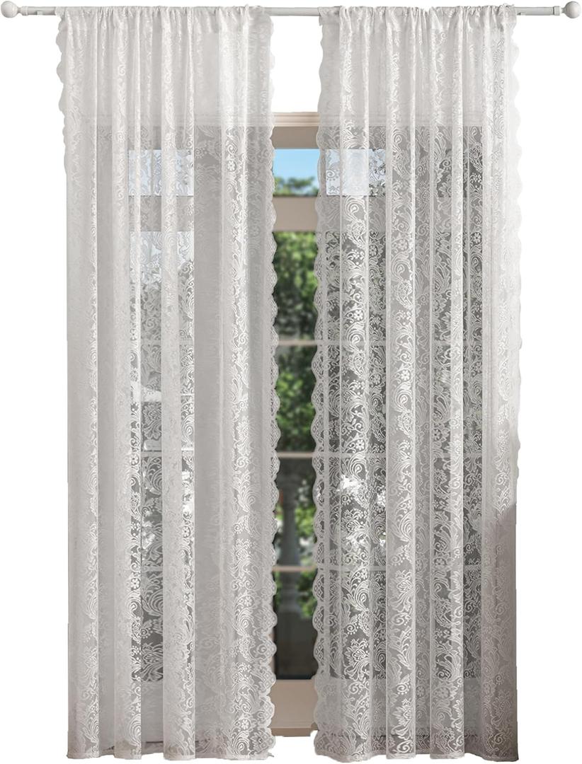 Jayla White Lace Sheer Curtains for Bedroom - Sheer Lace Curtains for Living Room, Floral Embroidered Farmhouse Window Drapes Vintage European Tulle Retro Style, Rod Pocket, 2 Panels Set, 42"W x 63"L