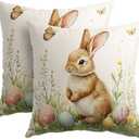 2 x Easter Bunny Eggs Pillow Covers 18X18 Inch Wildflowers Butterfly Rabbit Decorative Pillow Cases Spring Holiday Throw Pillows Set of 2 Farmhouse Decor for Sofa Couch Outdoor