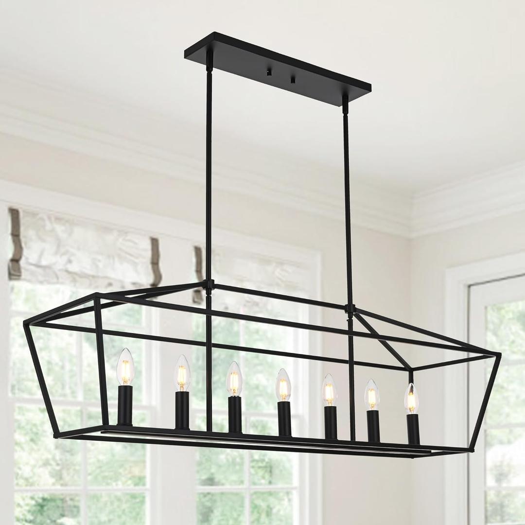 MELUCEE 7-Light Dining Room Light Fixtures Over Table, Farmhouse Chandelier Light Fixture Black Industrial Linear Pendant Lights Kitchen Island Candle Lantern Chandelier, E12 Base (36.3 inches)
